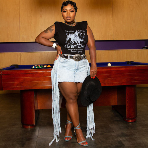 Women's Sexy Denim Hot Girl Washed Ripped Tassel Skirt