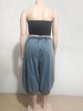 Women's Elastic Waist Wide Leg Capris Jeans Y2K Loose Pleated Denim Pants