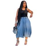 Women's Elastic Waist Wide Leg Capris Jeans Y2K Loose Pleated Denim Pants