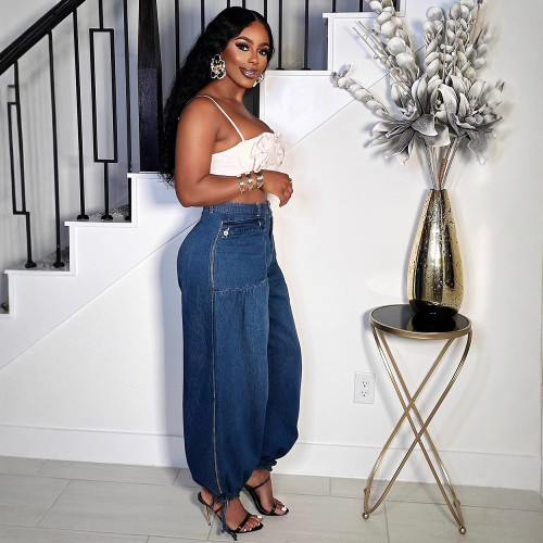 Adjustable Drawstring Lace-up Side Zipper Jeans