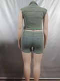 Women's Denim Washed Colorblock Short Sleeve Top Cuffed high-waisted Jeans