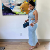 Women's Denim Sexy Sleeveless Lapel Slit Long Dresses