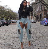 Sexy Solid Color Ripped Mid Waist Loose Denim Jeans