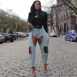 Sexy Solid Color Ripped Mid Waist Loose Denim Jeans