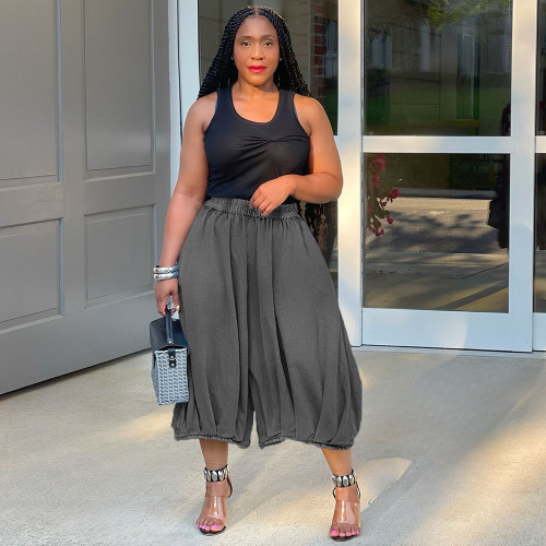 Women's Elastic Waist Wide Leg Capris Jeans Y2K Loose Pleated Denim Pants