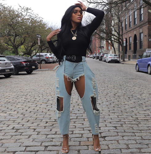 Sexy Solid Color Ripped Mid Waist Loose Denim Jeans