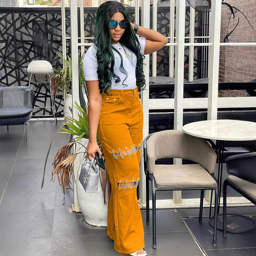 Casual Solid Color Hollow Out Chains High Waist Loose Denim Jeans