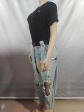 Sexy Solid Color Ripped Mid Waist Loose Denim Jeans