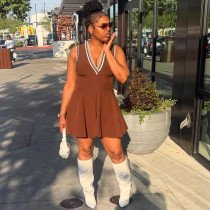 Solid Color Sleeveless Stripe V-Neck Flare Mini Dress