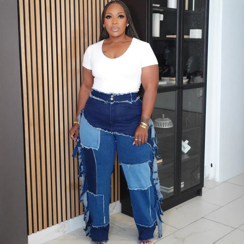 (Pre-order 13/8) Patchwork Straight Leg Jeans Washed Colorblock Tassel Trousers