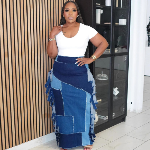 (Pre-order 13/8) Women's Denim Washed Colorblock Tassel High Waist Maxi Skirt