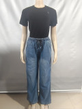 Casual Solid Color Pocket Mid Waist Loose Denim Jeans