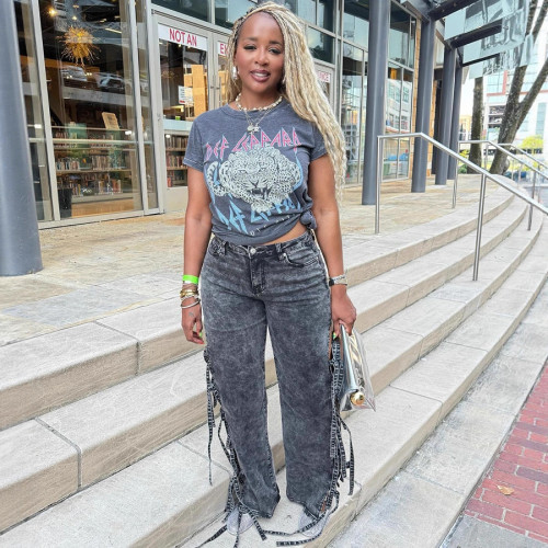 Sexy Washed Slit Hollow Out Strap Design Mid Waist Straight Denim Jeans