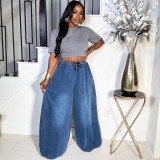 Casual Solid Color Pocket Mid Waist Loose Denim Jeans