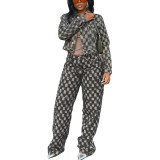 Casual Jacquard Plaid Washed Denim Pant Set