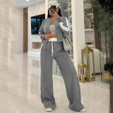 Casual Ribbon Long Sleeve Wide Leg Jogger Set