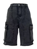 Women's Summer Bermuda Knee Length Denim High Waist Cargo Short Jean