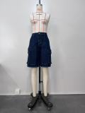 Women's Summer Bermuda Knee Length Denim High Waist Cargo Short Jean