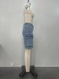 Women's Summer Bermuda Knee Length Denim High Waist Cargo Short Jean