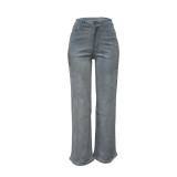 Women's Hot Drilling Washed Jeans High Waist Wide Leg Stretchy Denim Pants