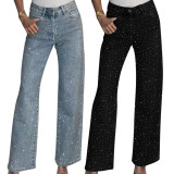 Women's Hot Drilling Washed Jeans High Waist Wide Leg Stretchy Denim Pants
