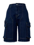 Women's Summer Bermuda Knee Length Denim High Waist Cargo Short Jean