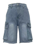 Women's Summer Bermuda Knee Length Denim High Waist Cargo Short Jean