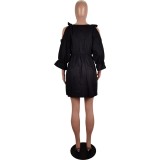 Fashion 3/4 Sleeve Cold Shoulder Solid Color Club Dress
