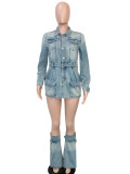 Club Wear Vintage Denim Dress Lapel Collar Shirt with Leg Cover Cargo Dress