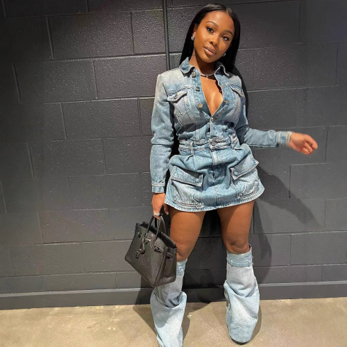 Club Wear Vintage Denim Dress Lapel Collar Shirt with Leg Cover Cargo Dress