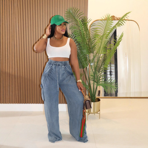 Women's Elastic Trousers Drawstring Straight Leg Multi-pocket Wide-leg Jean