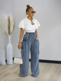 Women's Elastic Trousers Drawstring Straight Leg Multi-pocket Wide-leg Jean