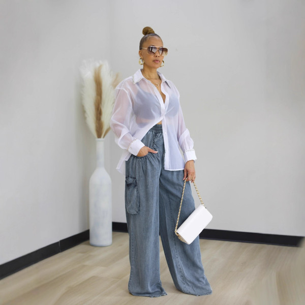 Women's Elastic Trousers Drawstring Straight Leg Multi-pocket Wide-leg Jean
