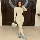 Autumn Solid Zipper Stand Collar Retro Bottoming Sports Jumpsuit