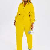 Solid Color Two-piece Long Sleeve Pleated Casual Shirt Straight Leg Trousers