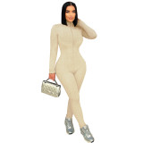 Autumn Solid Zipper Stand Collar Retro Bottoming Sports Jumpsuit