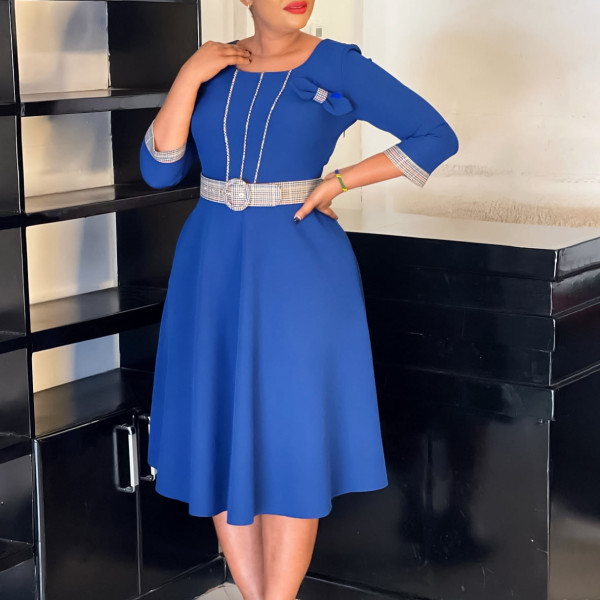 2025 New Fashion Elegant Round Neck Splicing African Dress with Belt