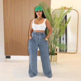 Women's Elastic Trousers Drawstring Straight Leg Multi-pocket Wide-leg Jean
