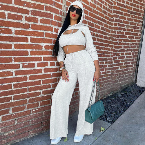 Casual Hooded Hollow Sweatshirt Solid Color Vest Trousers Three Piece Set