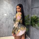 Women's Floral Print Long Sleeve Bodycon Mini Dress