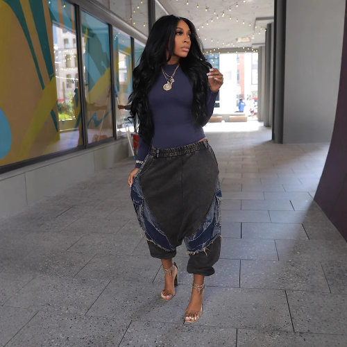 Women's Baggy Stretchy Denim Harem Pants High Waisted Splicing Jeans