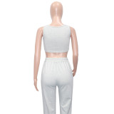 Casual Hooded Hollow Sweatshirt Solid Color Vest Trousers Three Piece Set