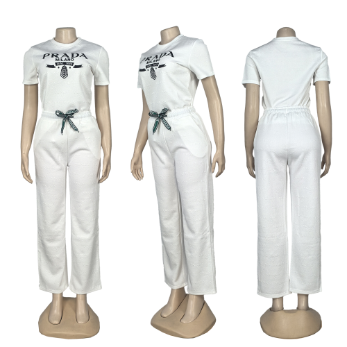 Casual Jacquard Embroidery Short Sleeve Blouse Drawstring Pant Piece Set