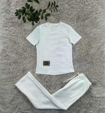 Casual Jacquard Short Sleeve Blouse Drawstring Pant Piece Set