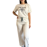 Casual Jacquard Embroidery Short Sleeve Blouse Drawstring Pant Piece Set