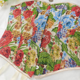 Vintage Flower Print Strapless Vest Lace-up Fishbone Tube Tops
