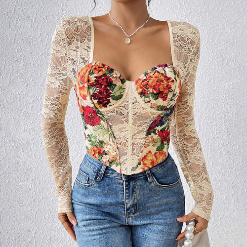 Casual Square Neck Hot Girl Top Printed Lace Panel Long Sleeve Top