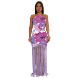 Summer Hot Sexy Backless Sleeveless Tassel Long Dresses