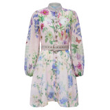 (PreOrder 22/8)Australian Style Printed Lantern Sleeve Dress with Patterned Buttons & Belt