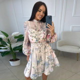 (PreOrder 22/8)Australian Style Printed Lantern Sleeve Dress with Patterned Buttons & Belt
